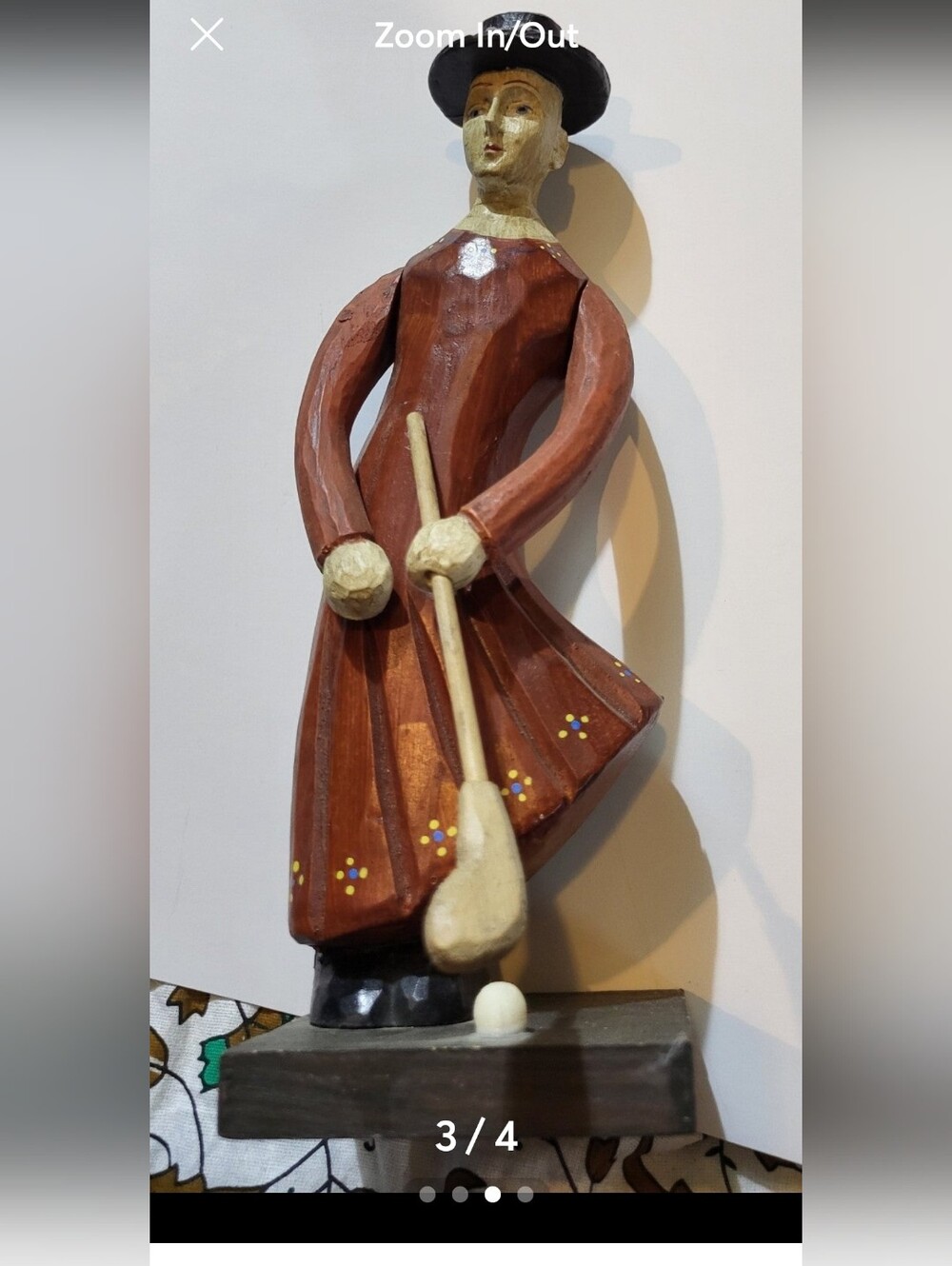 Vintage Folk Art Carved Wood Golfer Woman w Golf Club Ball 10" 40s/50s